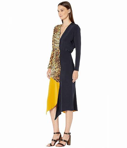 送料無料 Cushnie レディース 女性用 ファッション ドレス Color Block Long Sleeved Dress w/ Waist Tie - Tan Leopard/Navy/Antique Gold