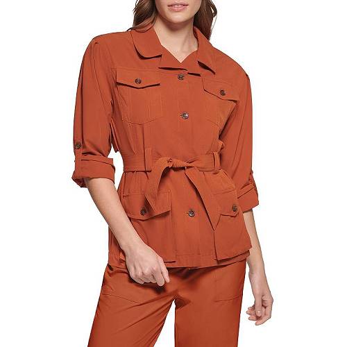 送料無料 カルバンクライン Calvin Klein レディース 女性用 ファッション アウター ジャケット コート ジャケット Roll Sleeve Belted Camp Jacket - Terra