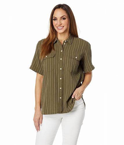送料無料 Madewell レディース 女性用 ファッション ボタンシャツ Lightspun Short-Sleeve Flap-Pocket Shirt in Stripe - Kale