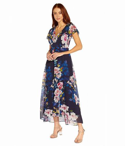 送料無料 アドリアナパペル Adrianna Papell レディース 女性用 ファッション ジャンプスーツ つなぎ セット Stretch Crepe Jumpsuit with Printed Floral Chiffon Overlay - Navy Multi