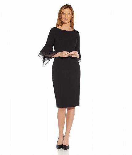 送料無料 アドリアナパペル Adrianna Papell レディース 女性用 ファッション ドレス Stretch Knit Crepe Sheath Dress with Tiered Organza Bell Sleeve - Black