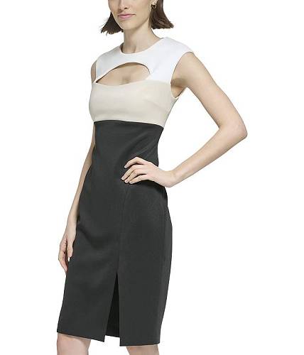 送料無料 カルバンクライン Calvin Klein レディース 女性用 ファッション ドレス Color-Block Scuba Sheath - Black Oatmeal/Cream