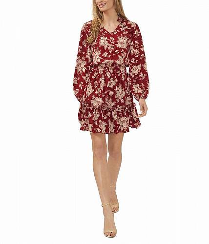 送料無料 CeCe レディース 女性用 ファッション ドレス Floral Long Sleeve Ruffled Dress - Mulberry Red