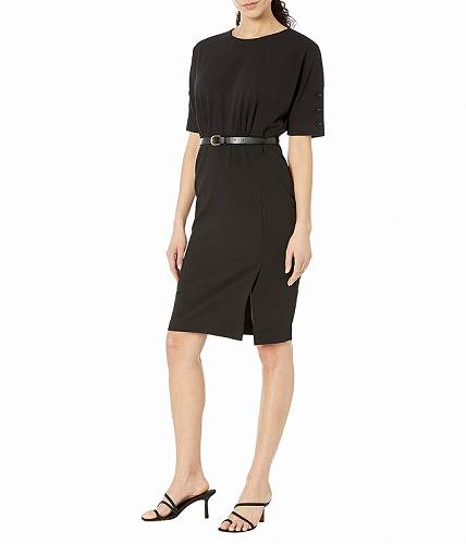 カルバンクライン ベルト（レディース） 送料無料 カルバンクライン Calvin Klein レディース 女性用 ファッション ドレス Scuba Crepe Dress with Belt and Sleeve Button Detail - Black