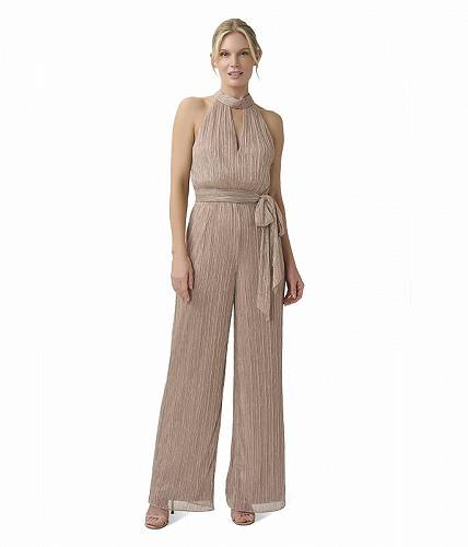 送料無料 アドリアナパペル Adrianna Papell レディース 女性用 ファッション ジャンプスーツ つなぎ セット Crinkle Metallic Halter Neck Blouson Jumpsuit - Taupe/Pink