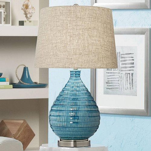 360 Lighting Mid Century Modern Table Lamp Textured Ceramic Sky Blue Glaze Linen Fabric Tapered Drum Shade for Living Room Bedroom テーブルライト・ランプ　照明器具　アメリカ【送料無料】【代引不可】【あす楽不可】