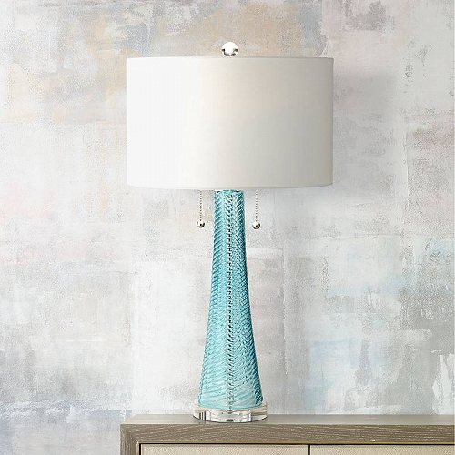 Possini Euro Design Modern Table Lamp Light アクア Blue Textured Glass White Drum Shade for Living Room Family Bedroom Bedside テーブルライト ランプ 照明器具 アメリカ【送料無料】【代引不可】【あす楽不可】