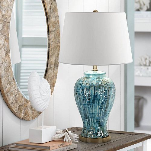 Possini Euro Design Asian Table Lamp Ceramic Teal Glaze Patterned Temple Jar White Empire Shade for Living Room Family Bedroom テーブルライト ランプ 照明器具 アメリカ【送料無料】【代引不可】【あす楽不可】