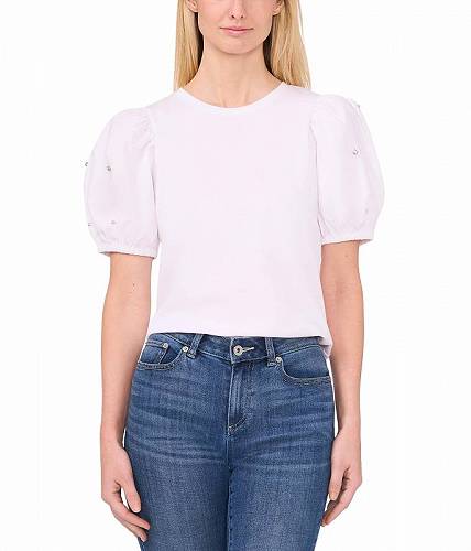 送料無料 CeCe レディース 女性用 ファッション Tシャツ Rhinestone Embellished Puff Sleeve Knit Top - Ultra White