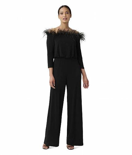 送料無料 アドリアナパペル Adrianna Papell レディース 女性用 ファッション ジャンプスーツ つなぎ セット Stretch Jersey Blousson Jumpsuit with Feather Trim - Black