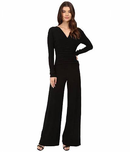 送料無料 Norma Kamali レディース 女性用 ファッション ジャンプスーツ つなぎ セット V-Neck Long Sleeve Shirred Waist Jumpsuit - Black