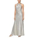  Alex Evenings fB[X p t@bV hX Metallic Knit Long Halter Neck Dress with Ruched Waist - Champagne