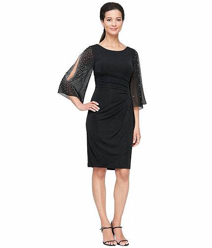 送料無料 Alex Evenings レディース 女性用 ファッション ドレス Short Sheath Dress with Embellished Illusion Split Sleeves and Skirt - Black