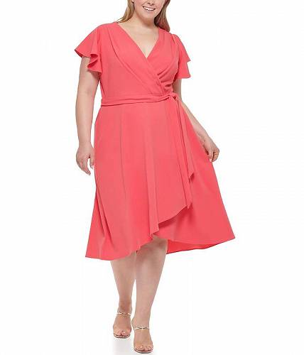送料無料 ダナキャランニューヨーク DKNY レディース 女性用 ファッション ドレス Plus Size Short Sleeve Ruffled Faux Wrap Dress - Punch