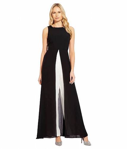 送料無料 アドリアナパペル Adrianna Papell レディース 女性用 ファッション ジャンプスーツ つなぎ セット Sleeveless Stretch Crepe Jumpsuit with Chiffon Overlay - Black Ivory