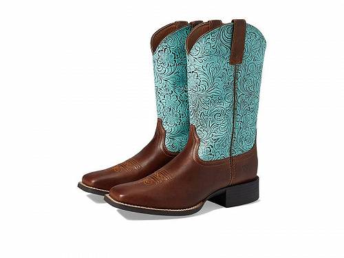 送料無料 アリアト Ariat レディース 女性用 シューズ 靴 ブーツ ウエスタンブーツ Round Up Wide Square Toe Western Boots - Beduino Brown/Turquoise Floral Emboss