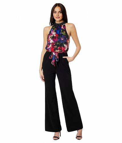 送料無料 アドリアナパペル Adrianna Papell レディース 女性用 ファッション ジャンプスーツ つなぎ セット Mock Neck Printed Floral Halter Jumpsuit with Solid Black Bottom - Black Multi