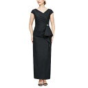 送料無料 Alex Evenings レディース 女性用 ファッション ドレス Long Stretch Scuba Dress with Front Cascade Detail and Surplice Neckline with Cap Sleeves - Black