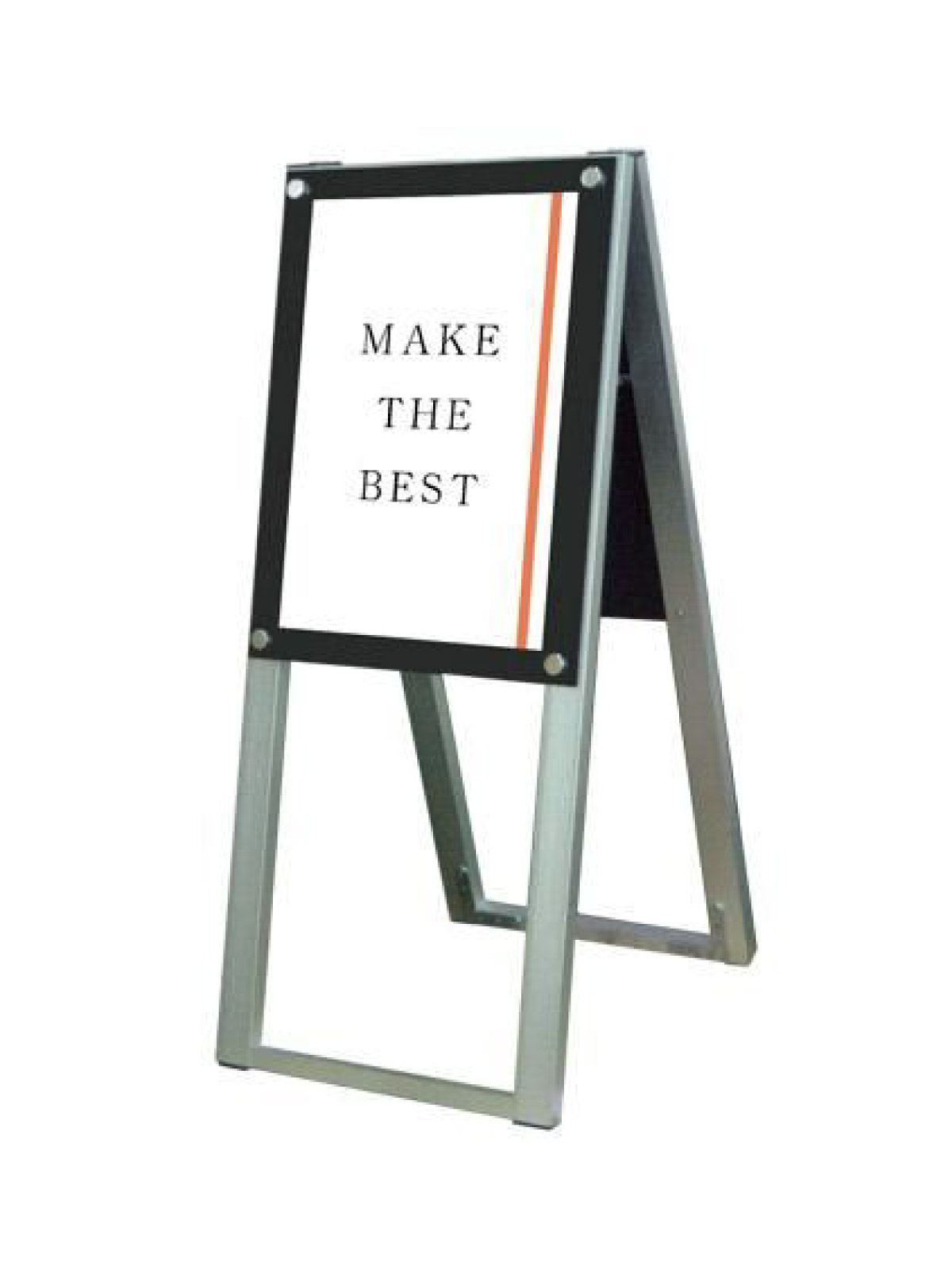 アクリルと化粧ビスでポスターを挟み込んで展示する高級感あるスタンド看板■製品仕様●フレーム＝アルミ押出し材／アルマイト仕上(シルバー)●面板＝アルミ複合板(黒)3mm厚＋アクリル板透明2mm●化粧ビス＝アルミ／アルマイト仕上※シルバー／ゴー...