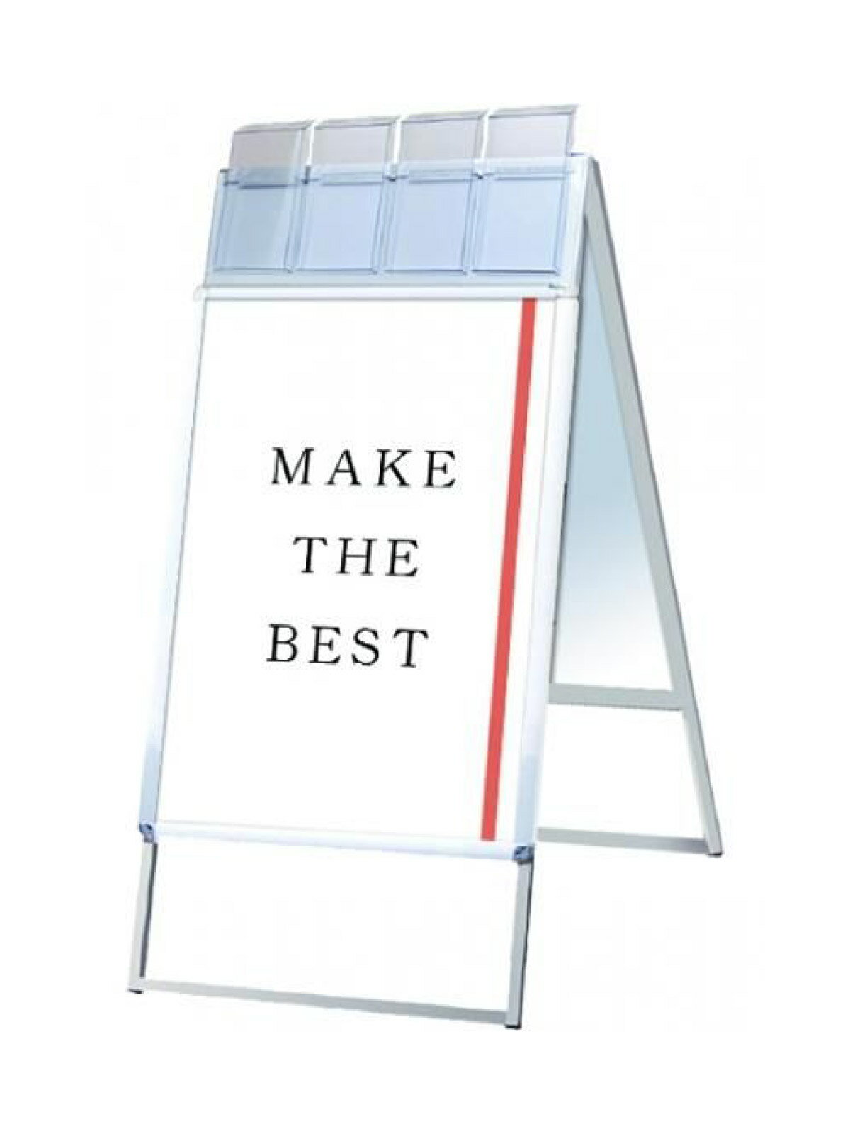 A4三つ折りパンフレットを配布できるケースが付いた四辺開閉式のスタンド看板■製品仕様●本体=アルミ押出し/アルマイト仕上(シルバー)●パネル=ポスターグリップ(フロントオープン式)(シルバー)●表面カバー=アクリル 透明1.5mm厚●背面板=屋外用：アルミ複合板(白)※屋内・屋外可(ポスターには耐水加工が必要です)●パネルサイズ=W565mm×H778mm×D21mm●面板有効サイズ=W502mm×H715mm●ポスターサイズ=B2(W515mm×H728mm)●パネルフレーム幅=32mm●パンフレットケース8個付(フタ有)●重量=両面9.3kg●対応ウエイトアーム=SKW-B【型番：PGSKP-B2RS-G】