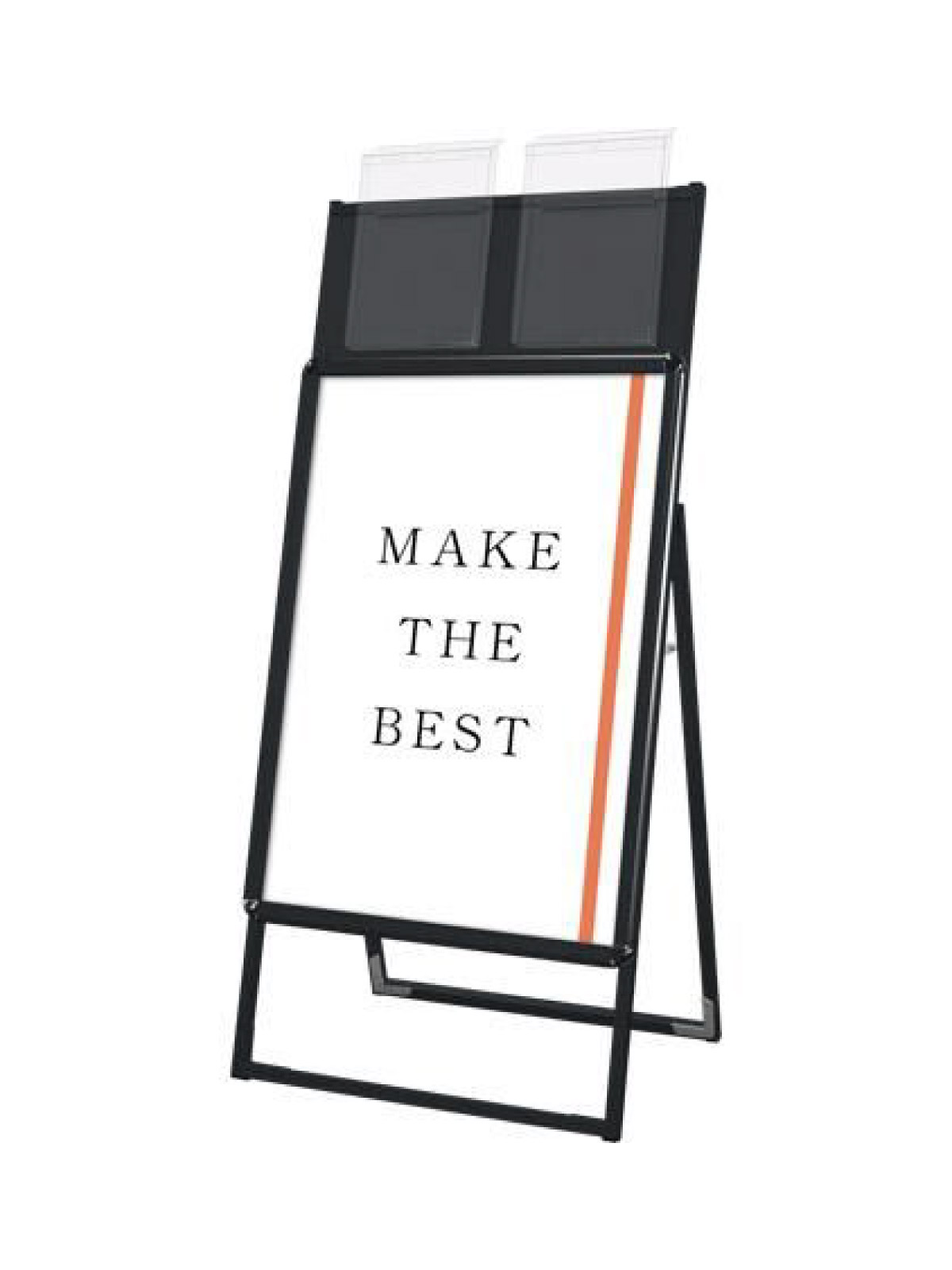 A4サイズのカタログを配布できるケースが付いた四辺開閉式のスタンド看板■製品仕様●本体=アルミ押出し/アルマイト仕上(ブラック)●パネル=ポスターグリップ(フロントオープン式)(ブラック)●表面カバー=アクリル 透明1.5mm厚●背面板=屋...