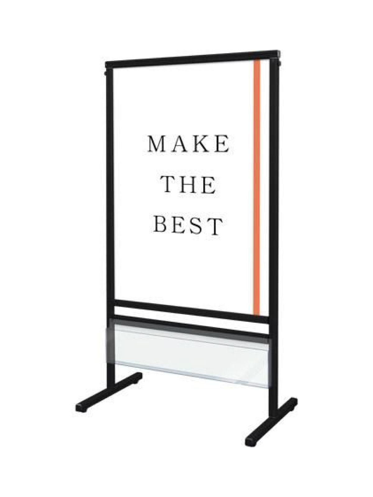 A4三つ折りパンフレットを配布できるケースが付いた直立型スタンド■製品仕様●本体フレーム=アルミ押出し材/アルマイト仕上(ブラック)●表面カバー=アクリル 透明1.5mm厚●面板=アルミ複合板(白)3mm厚●面板サイズ=A1(W594mm×...