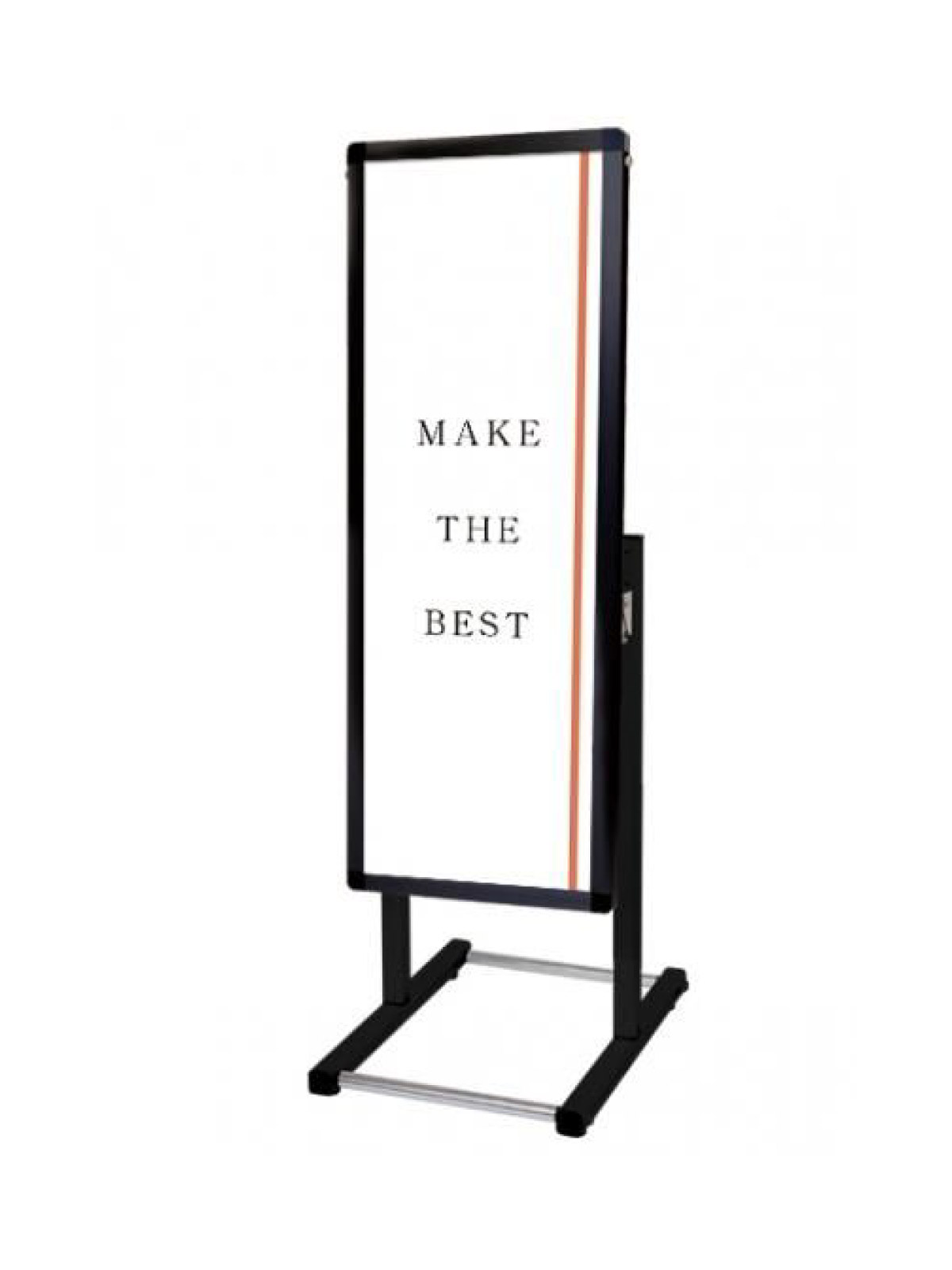見る距離感に合わせてポスターの展示角度を調節できるスタンド看板■製品仕様●パネルフレーム＝アルミ押し出し材／アルマイト仕上げ（ブラック）●本体ポール部＝アルミ押し出し材／アルマイト仕上げ（ブラック）●脚部＝縦パイプ／アルミ押し出し材／アルマイト仕上げ（ブラック） 横パイプ／ステンレスパイプ ＃400（シルバー）※ブラックシリーズの脚部横パイプはシルバーです。●面板＝アルミ複合板（白）3mm厚●表面カバー＝アクリル 透明1.5mm厚●面板有効サイズ＝W281mm×H825mm●対応メディアサイズ＝A3TT(W297mm×H841mm)●重量＝5.2kg※受注生産品となります。納期をご確認下さい。※屋内・屋外可(ポスターには耐水加工が必要です)【型番：BFVAIAC-A3TTL】