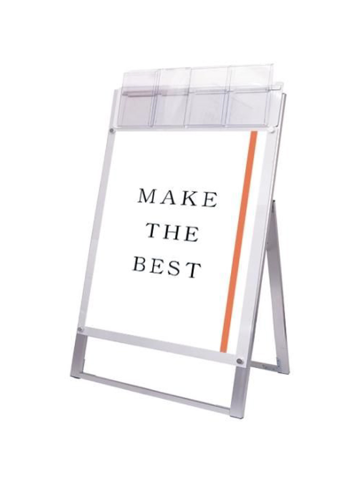 ポスターをより簡単に交換できるA4三つ折りパンフレット用ケースが付いたスタンド看板■製品仕様●フレーム＝アルミ押出し材／アルマイト仕上●レール＝アルミ押出し材／アルマイト仕上●面板＝アルミ複合板（白）3mm厚＋アクリル板透明2mm 下辺アン...