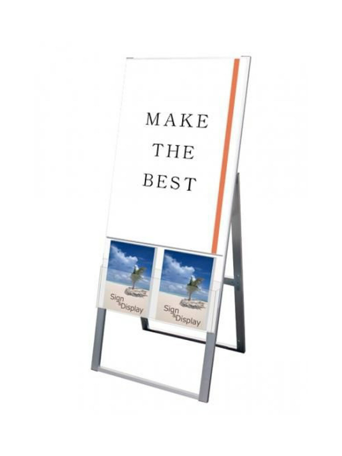 Aサイズのカタログを配布できるケースが付いた横スライド式のスタンド看板■製品仕様●フレーム＝アルミ押出し材／アルマイト仕上（シルバー）●レール＝アルミジョイナー／アルマイト仕上（シルバー）●カタログケース＝塩ビ2mm厚（スライド仕切り板1枚付属）●面板＝アルミ複合板（白）＋アクリル板透明3mm厚●対応ウエイトアーム＝片面：SKW-B●重量＝片面8.8kg※パンフレットケース1段に付きスライド仕切り板1枚付属しております。●ポスターサイズ＝A1(W594mm×H841mm)※屋内・屋外可(ポスターには耐水加工が必要です)【型番：KCSKU-A1K】