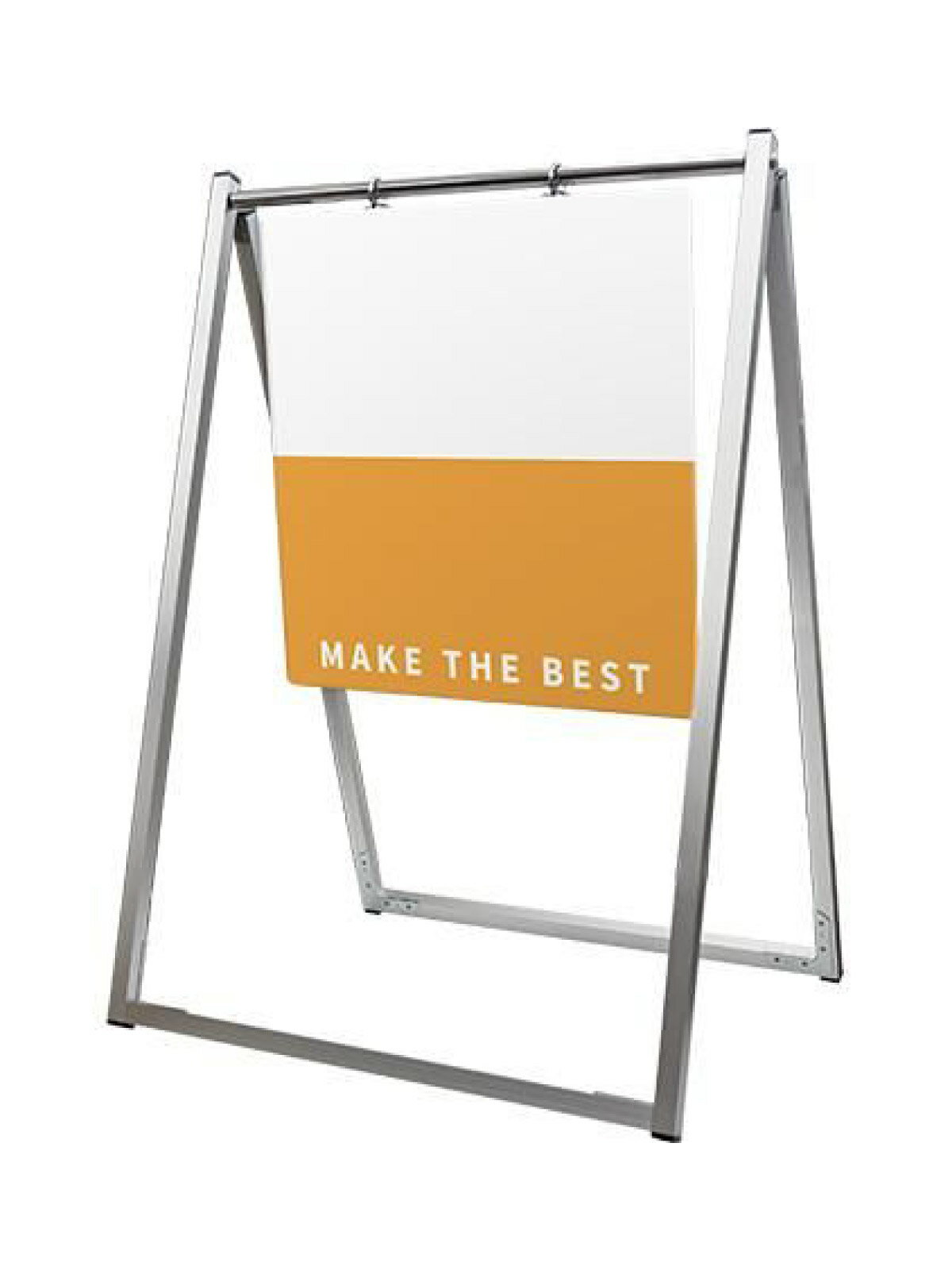 揺れるサインで視線をキャッチする、おしゃれなボードスタンド看板■製品仕様●本体フレーム=アルミ押出し材/アルマイト仕上(シルバー)Φ19ステンパイプ（シルバー）●面板=アルミ複合板(白)3mm厚●面板サイズ=W450mm×H450mm●重量=2.2kg●対応ウエイトアーム=SMSKWF-320【型番：SWSAP-450X450】