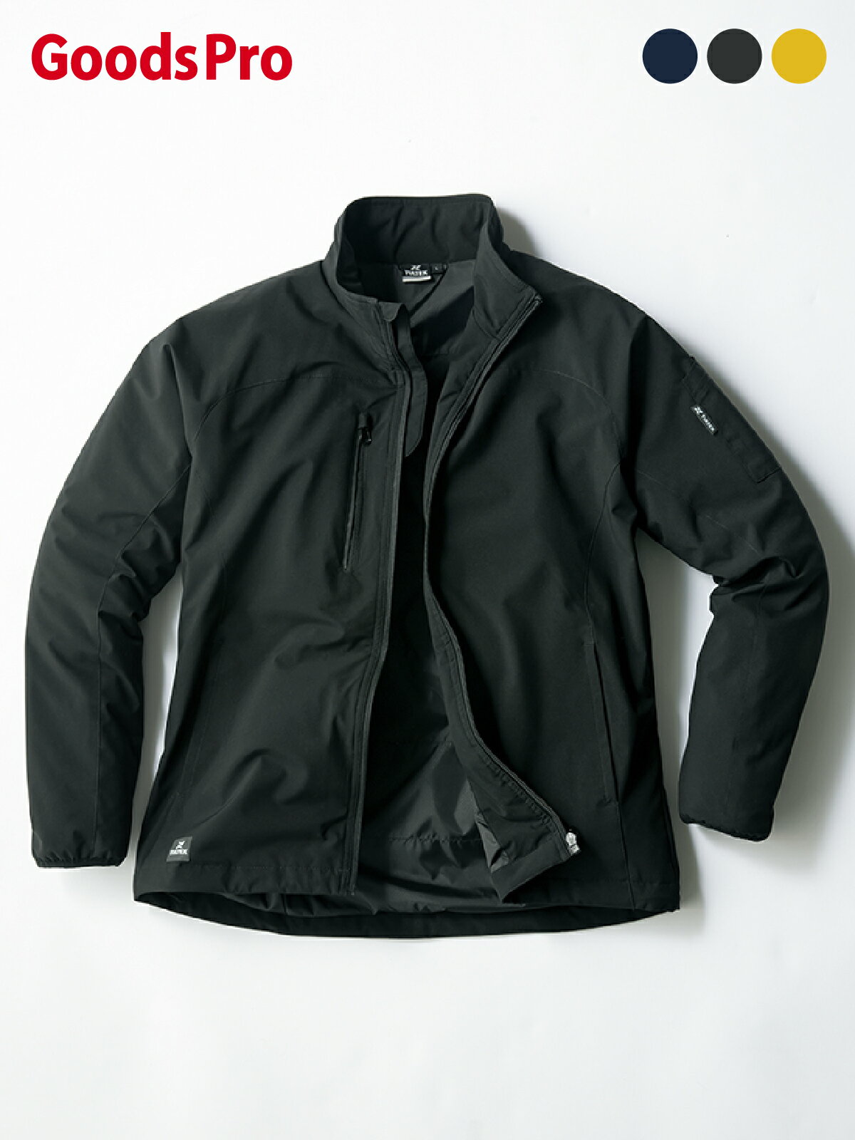 サイズ一覧: 3SSSSMLLL3L4L5L6L着丈65687072747678797979裄丈76808487909294969696胸廻97102107111115120123127133139●素材／ストレッチPUラミネート　ポリエステル100%●ファスナー／コイル（スライダー／金属）ストレッチ|耐水圧15,000mmH2O|透湿度1,000g/m?/24hrs