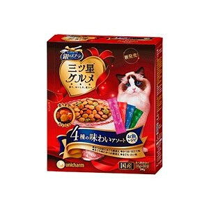 商品名 ユニ・チャーム　14個セット　銀のスプーン三ツ星グルメ4種のアソート　お魚レシピ　200g【銀のスプーン】　 商品説明 ◆猫ちゃんが喜ぶお魚のおいしさがひと箱に4種類詰まった贅沢なおいしさ（まぐろ・たい味、まぐろ味にかつお節添え、かつお・ほたて味、かつお味にまぐろ節添え） ◆カリッとしたまぐろ入り粒も入って、新しい食感が楽しめます。※カリッとした食感を出す為に、粒を発泡させているため、粒表面にも気泡の穴が開いている場合がございます。 ◆抜群のおいしさと優れた栄養バランスを実現。「主食」として必要な栄養をバランス良くとれる全成長段階用総合栄養食 ◆おいしさと豊かな風味を逃さない、食べきり小分パック20g×10袋 内容量 200g(20g×10袋) 原材料 穀類（トウモロコシ、小麦粉、コーングルテンミール、パン粉）、肉類（ポークミール、チキンミール、ビーフミール、チキンエキス）、油脂類、魚介類（フィッシュエキス、フィッシュミール、鰹節、鮪節、カツオミール、マグロミール、煮干パウダー、白身魚ミール、乾燥シラス、タイパウダー、ホタテパウダー）、ビール酵母、酵母エキス、野菜類（ニンジンパウダー、カボチャパウダー、ホウレンソウパウダー）、ミネラル類（カルシウム、塩素、コバルト、銅、鉄、ヨウ素、カリウム、マンガン、リン、亜鉛）、調味料、ビタミン類（A、B1、B2、B6、B12、C、D、E、K、コリン、ナイアシン、パントテン酸、ビオチン、葉酸）、着色料（二酸化チタン、赤色102号、赤色106号、黄色4号、黄色5号、青色1号）、アミノ酸類（タウリン）、酸化防止剤（ミックストコフェロール、ハーブエキス） 保証成分 タンパク質30.0％以上、脂質16.0％以上、粗繊維3.0％以下、粗灰分7.0％以下、水分10.0％以下、エネルギー400kcal/100gあたり JAN 4520699661802 メーカー名 ユニ・チャーム ペットケア 生産国 日本