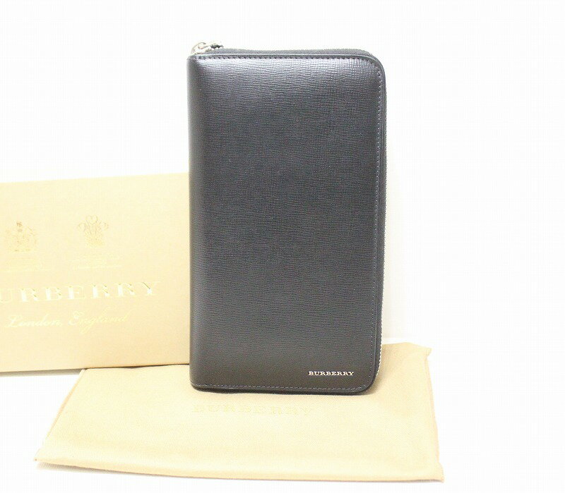 ☆【中古】バーバリー BURBERRY ラウンドファスナー　ジッピー　長財布 レザー ブラック 　G103388