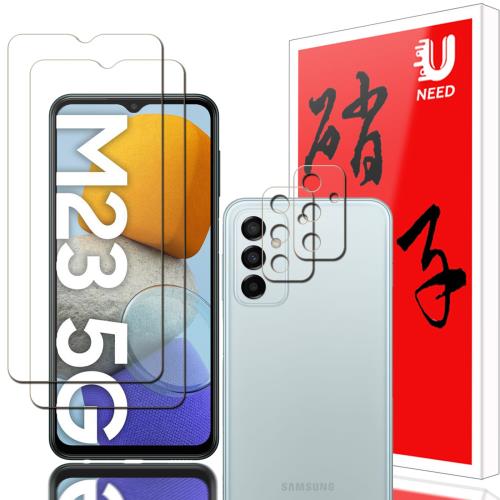 2+2枚セッUNEED Galaxy M23 5G 用のガラスフィルム(2枚)+カメラフィルム(2枚)ギャラクシーM23 5G 用の フイルム 強化液晶保護フィ...