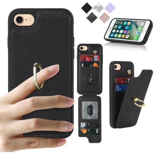 Cavor iPhone7 Plus/8 Plusケース 背面ポケット付きiPhone7 Plusケース 手帳型 iPhone8 Plus 手帳型ケース上下開折りたたみ iPhone8 Plus 携帯ケースRFID機能軽量 Qi急速充電対応 iPhone7 Plus case カード収納 横置 360°回転リング免許証とQi急速充電-ブラック