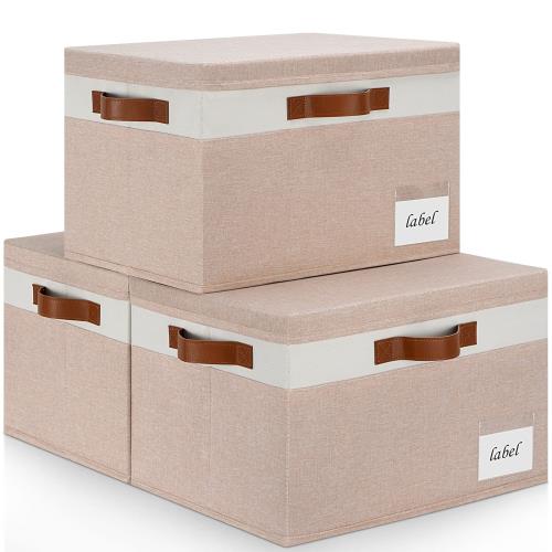 LHZK 収納ボックス 蓋付き 3点セット 大容量 折りたたみ式 収納ケース ハンドル付き 分類用ラベル 丈夫なキャンバス生地 ボックス 大容量整理用 カラーボックス (大きい-蓋付き, 蓋付き - ベージュ/ホワイト)