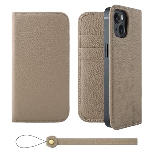 HANATORA iPhone15 ケース 手帳型 本革 スマホケース スマホ スタンド ストラップ 付き シュリンクカーフレザー ギフト ベルトなし マグネッ...