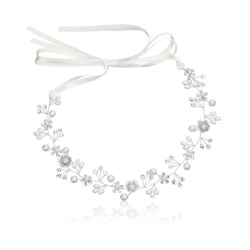 サムコス 髪飾り 花 パール 花かんむり リボン ホワイト ヘッドドレス クリスタルビーズ 花冠 ヘアアク..