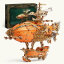 FUNPOLA 3Dパズル 木製パズル ファンタジー飛行船 スチームパンク DIYクラフトキット 組み立てキット 知育玩具 LEDライト付き 大人と子供向け 複雑な模型製作セット オレンジ 648PCS