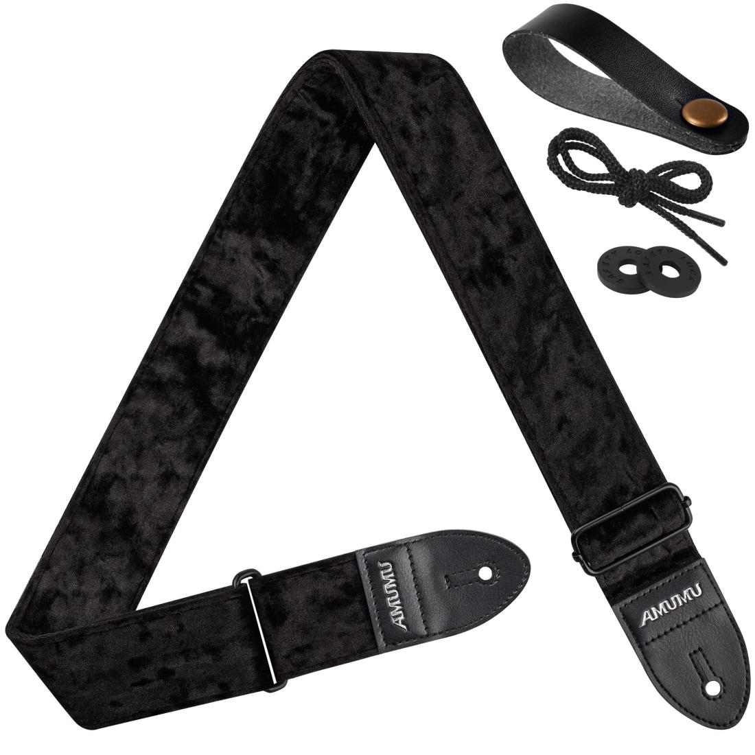 [Amumu] Guitar Strap Flocked Velvet フロックベルベットギターストラップ マイクロファイバーレザーエンド付きアコースティックギター、ベースギター、エレキギターに対応 - ブラック