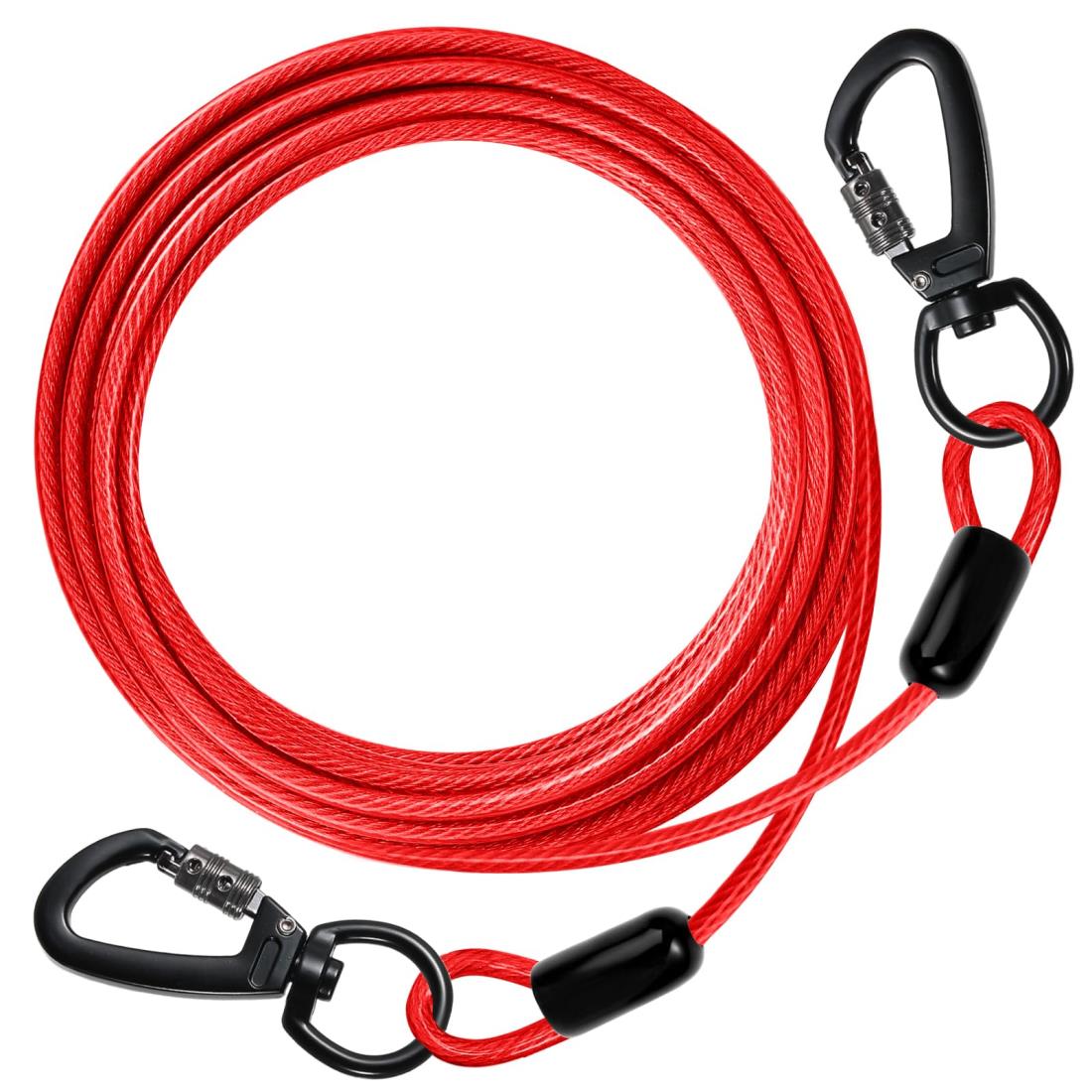 DANOFY 犬 ワイヤー 係留 リード ケーブル - 犬用 係留ケーブル 5mm極細 カラビナ ロック付き 錆び付かない ランナーケーブル しつけ用 訓練リード 外飼い 庭 キャンプ 小型犬 中型犬 大型犬対応 レッド 3m