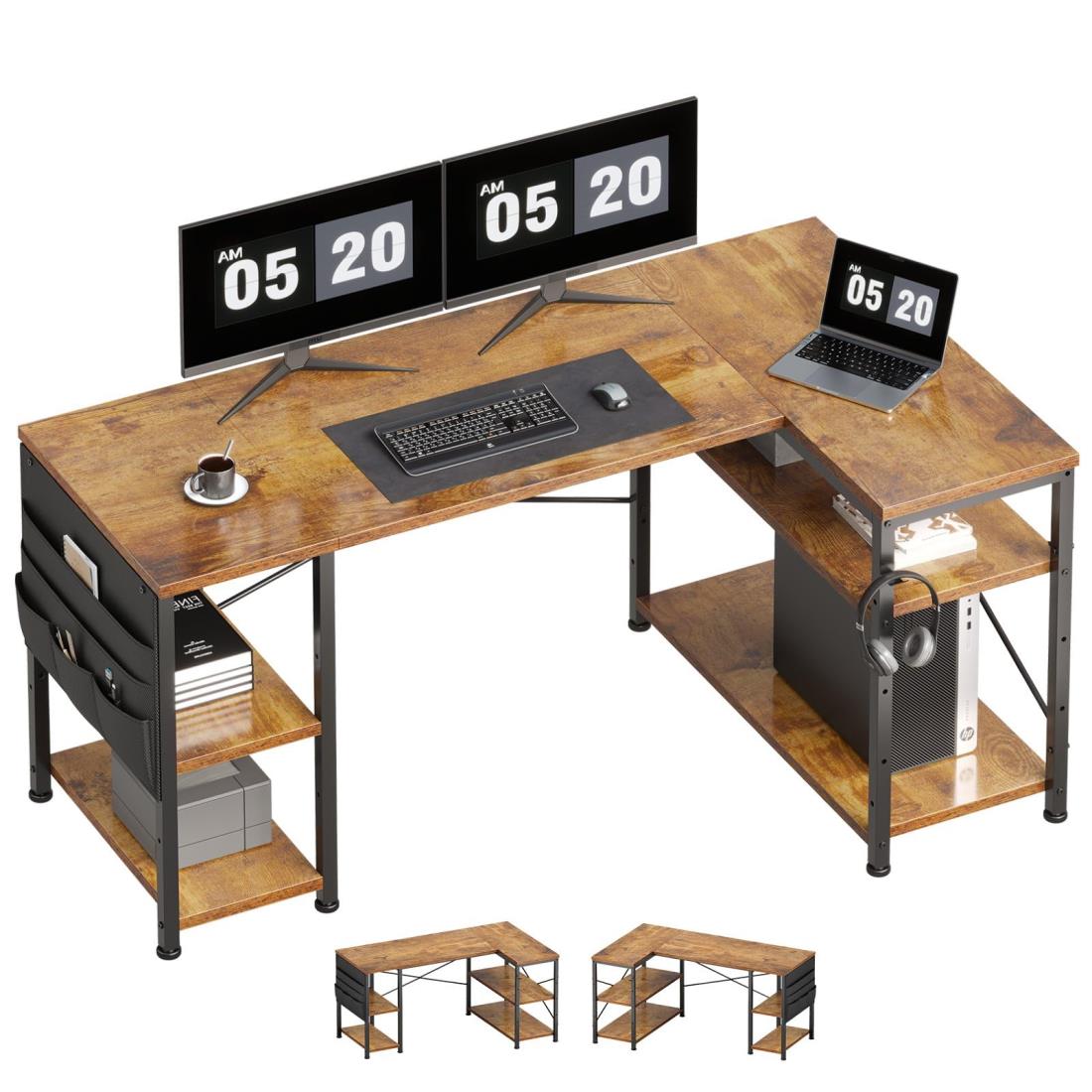 YeTom l字デスク机pcデスク幅130cm パソコンデスク勉強机学習机 左右入替可棚板高さ調節可能 収納袋付き オフィスデスク ワークデスクビンテージ