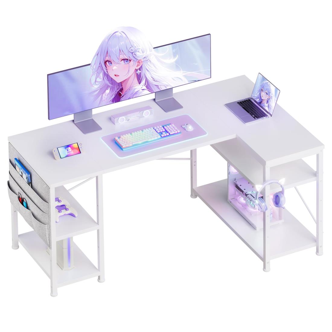 YeTom ゲーミングデスク l字デスク机pcデスク幅130cm パソコンデスク勉強机学習机 左右入替可棚板高さ調節可能 収納袋付き オフィスデスク ワークデスク白い
