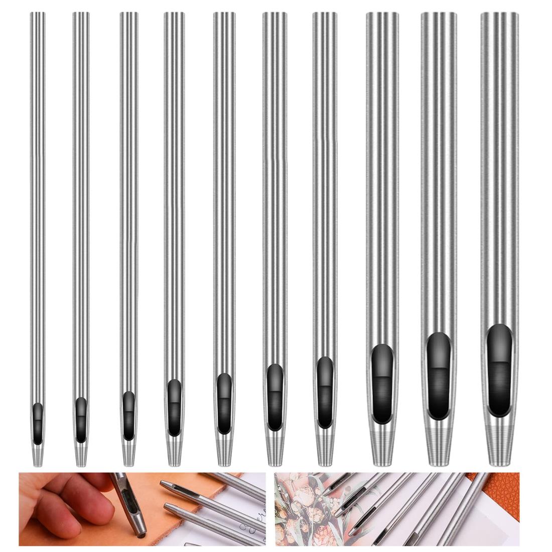 ポンチ ベルト 穴あけ 10サイズセット 0.5mm/0.8mm/1mm/1.2mm/1.5mm/2mm/2.5mm/3mm/3.5mm/4mm レザーパンチ ハトメ抜き スチール製 中空 円型 打ち具 革製品 財布 ベルト バッグ 紙 ゴム 手作り DIY 工具