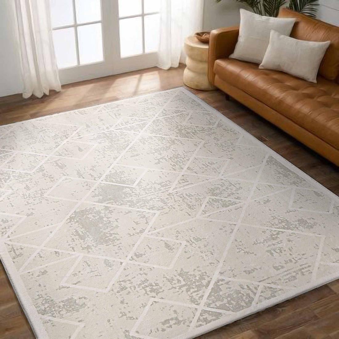 Calore カーペット ラグ ラグマット 北欧 160x200cm 幾何学模様 絨毯 カシミヤのような質感 ウィルトン織り 滑り止め付 しっかり 丈夫 ライン柄 オールシーズン 床暖房 ホットカーペット対応 (アイボリー)