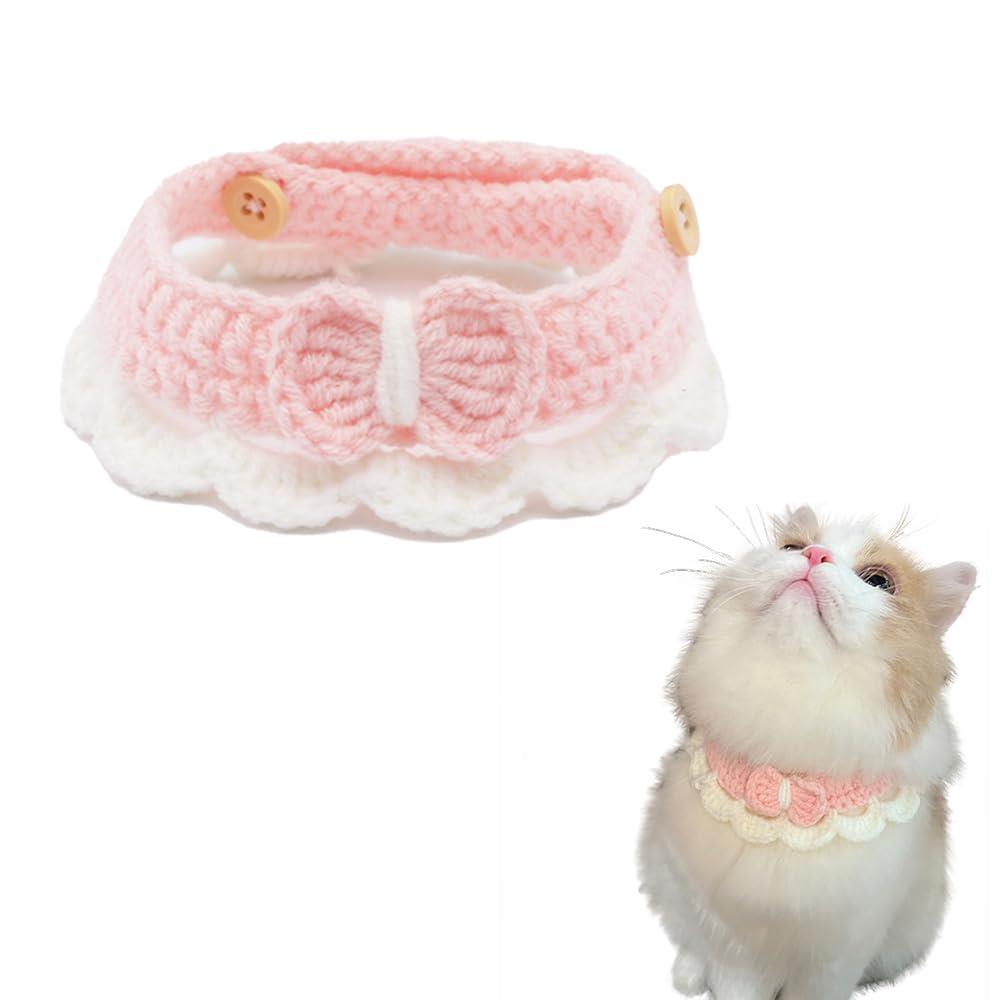 Wag&Winkペット 首輪 犬 猫 可愛い 調節可能 バンダナ よだれかけ 日系INS風 千鳥格 蝶結び レース 綿 S/M/Lサイズ 日常 おしゃれ プレゼント 軽量 安全 多機能 (INS風ピンク, L)