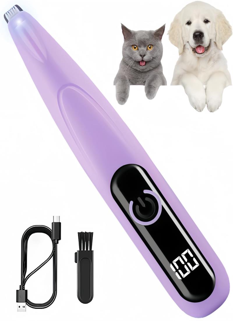 ペット用バリカン LRCUOPY 犬用バリカン USB充電 LEDディスプレー LEDライト付き 犬 猫用 足裏 耳裏 顔周り お尻周り 肉球 部分カット 自宅トリミング 小型 軽量 低騒音 低振動 コードレス (パープル)