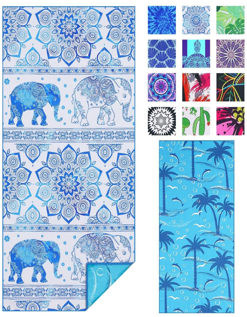 軽量の薄い ビーチタオル マイクロファイバーの大型 超大サンドフリータオルクイックドライタオル旅行キャンププールスイムビーチアクセサリー休暇必需品ギフト (Elephant Blue, 180x80 cm)