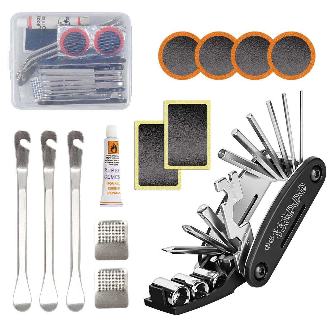 自転車パンク修理 工具セット 13点 Oziral自転車 タイヤ修理キット 16-in-1多機能マルチツール ゴムのり タイヤパッチ 補修 タイヤレバー やすり 軽量 便利 コンパクト メンテナンス 応急修理用
