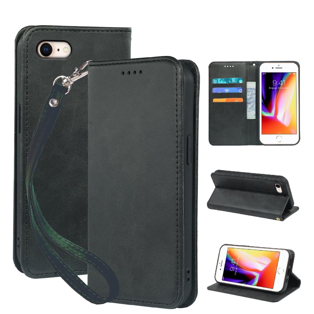 Seninhi iPhone SE 第3世代 第2世代 ケース 手帳型 いphone se3 8 7 スマホケース 職人仕様 手縫い革ケース アイフォン SE3 SE2 スタンド機能付き 財布型 360度保護 耐衝撃 カード収納 レザー 多機能 ベルトループ付き‌ おしゃれ 携帯カバー ブラック XNWSE23PG